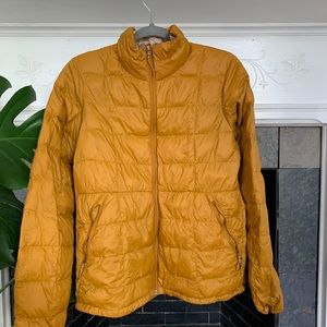 REI Mustard yellow puffer jacket. Super warm and packable!